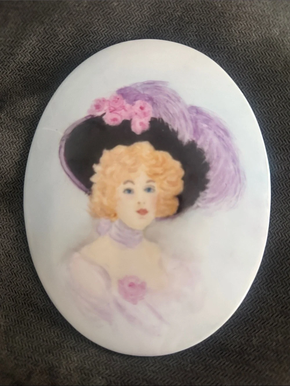 Vintage Portrait Plaque with Lavender Feathered Hat